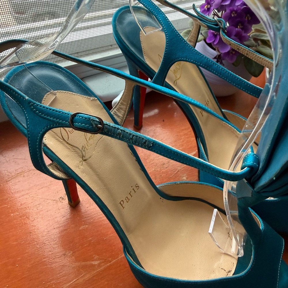 Christian Louboutin Teal Satin T-Strap Peep-Toe Heels with Bow Accent - Women - Picture 3 of 8